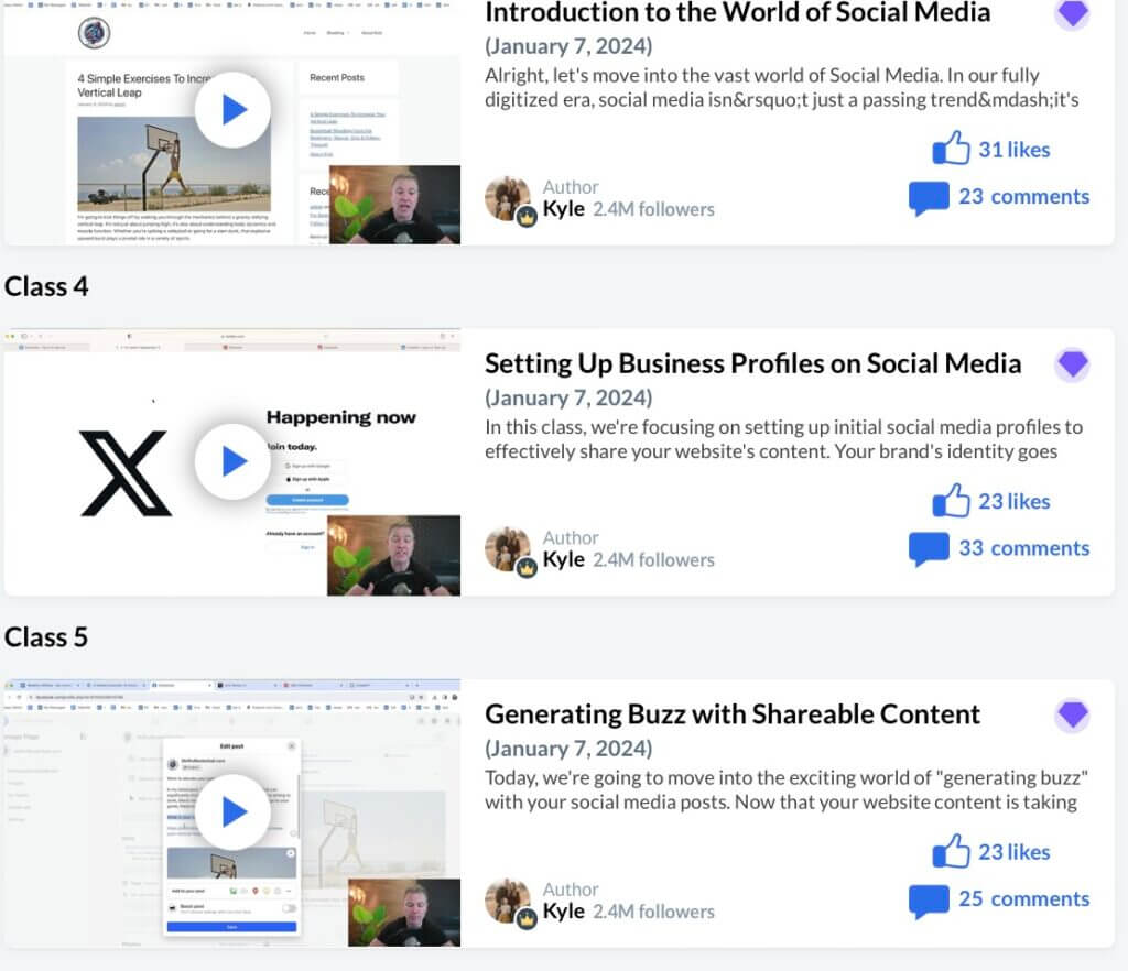 screenshot of Social media training lessons to set up social media accounts